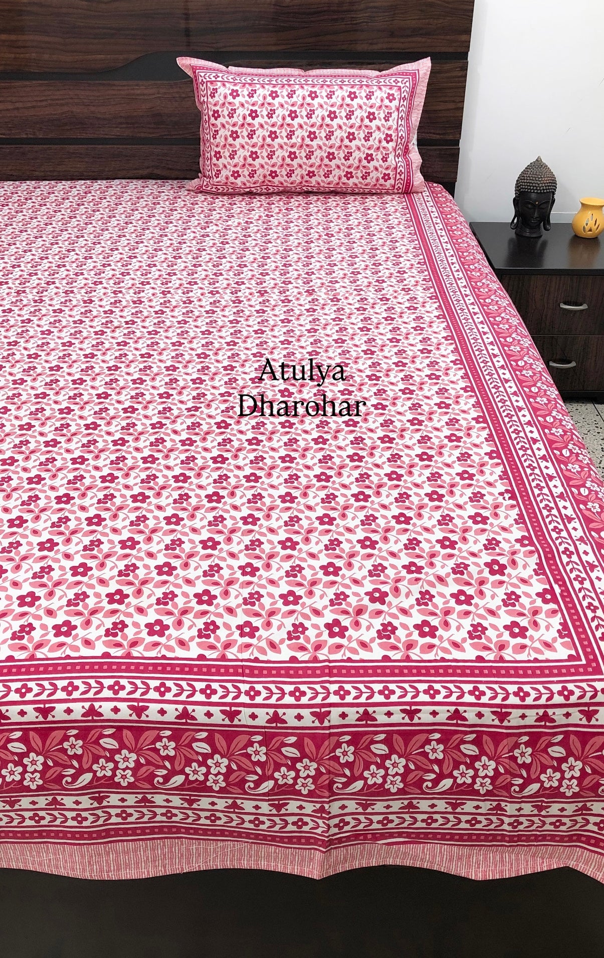 Pink Floral Jaal Cotton King Size Bedsheet