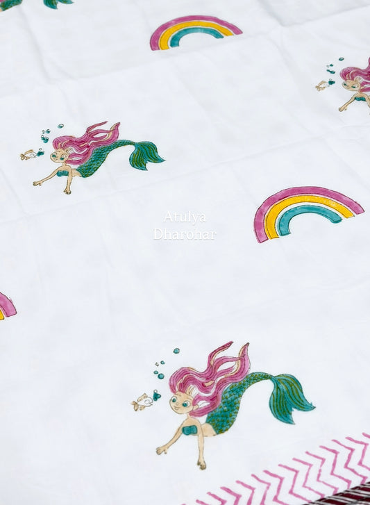 Mermaid and Rainbow Hand Block Printed Mulmul Baby Dohar