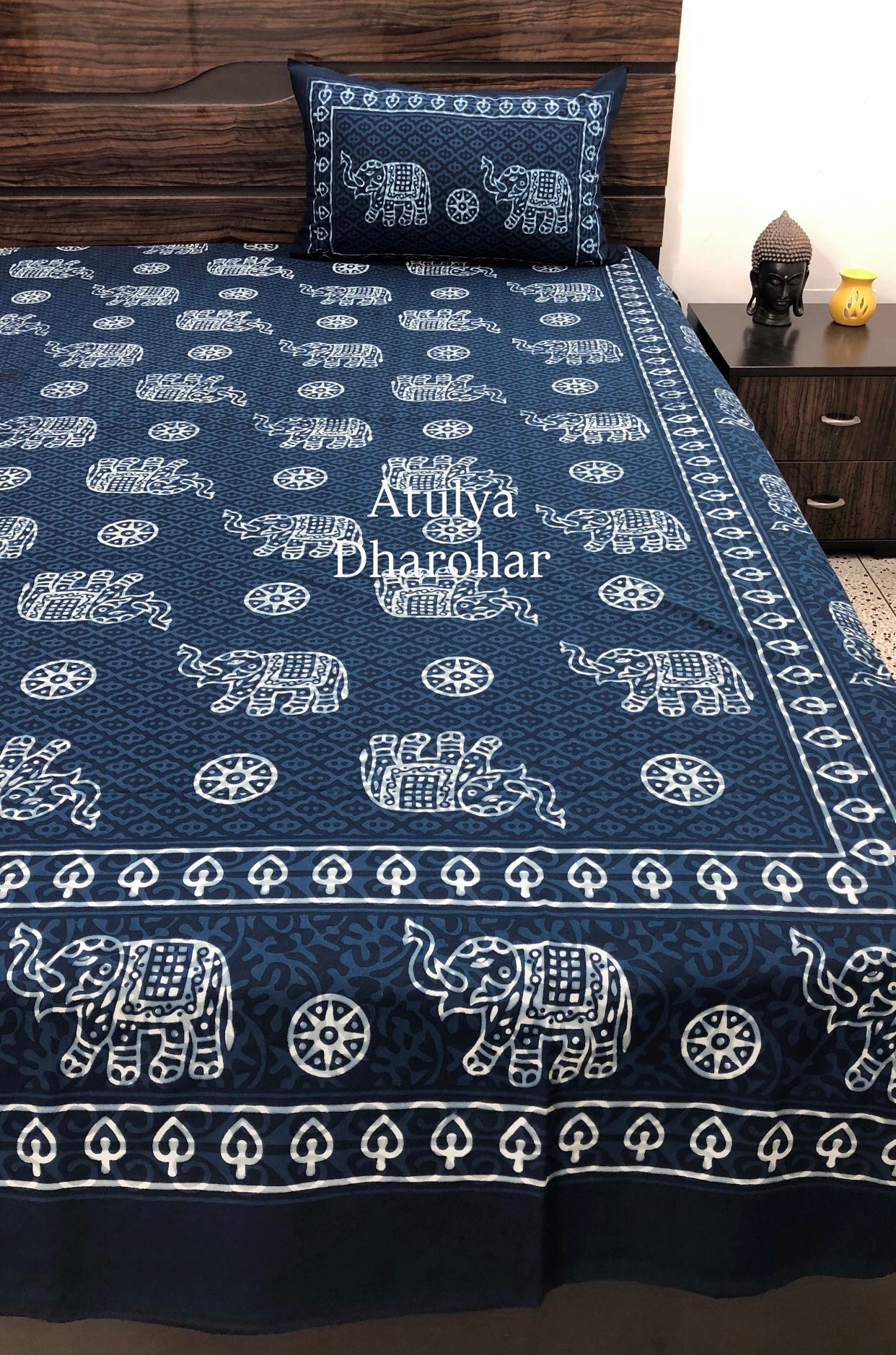 Indigo Elephant Motifs Cotton Super King Bedsheet