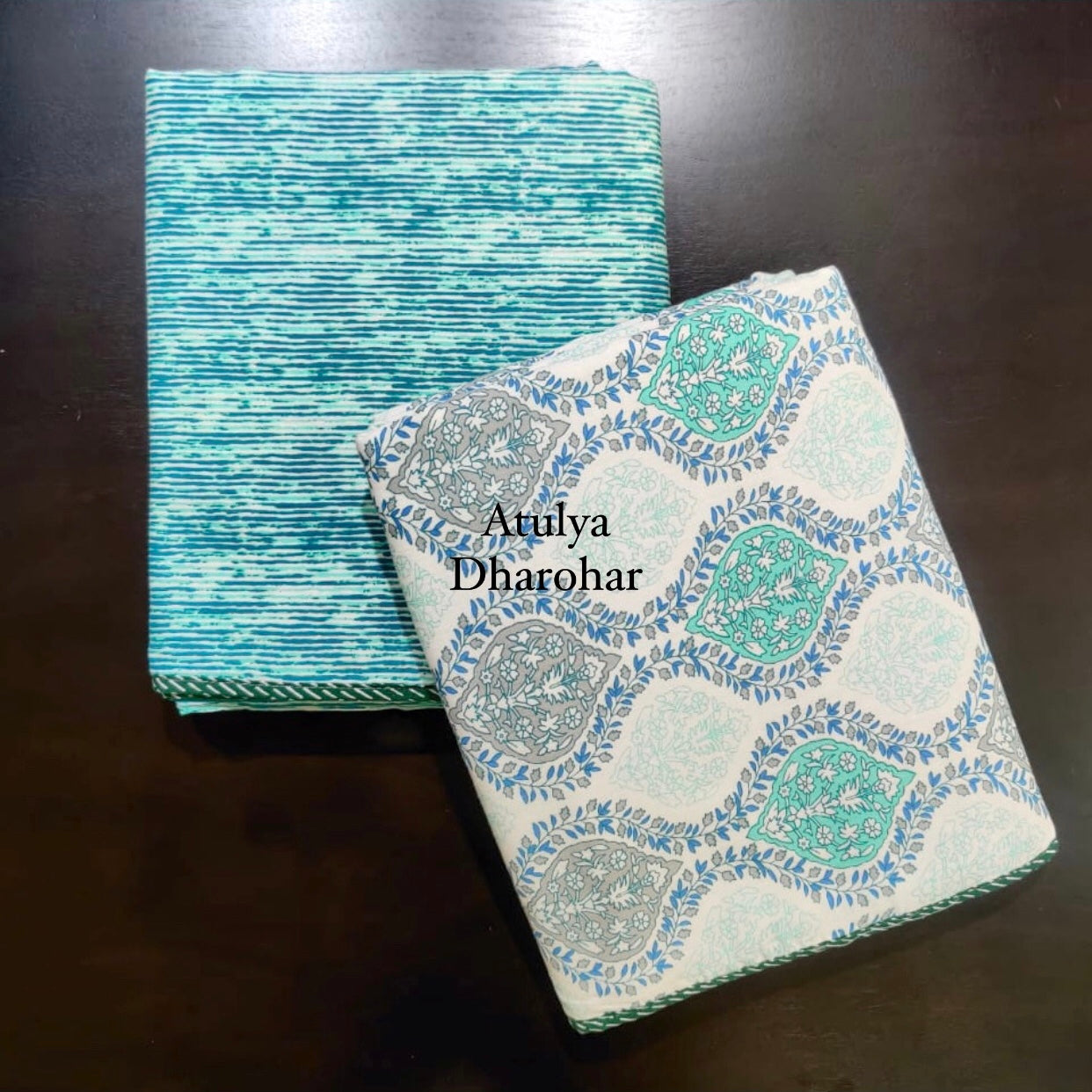 Turquoise Blue and Grey Mughal Jaal Mulmul Single Dohar Pair