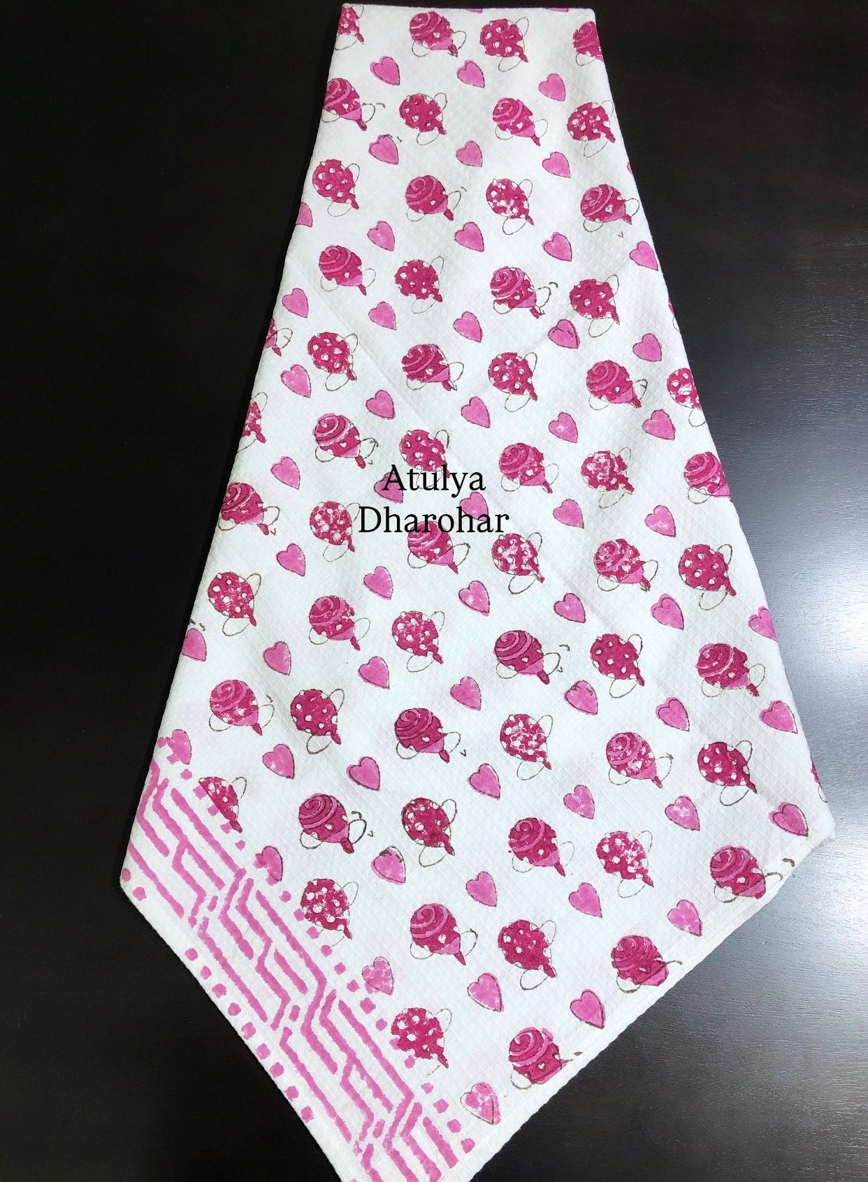 Pink Hearts Hand Block Printed Waffle Cotton Kids Towel