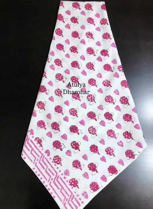 Pink Hearts Hand Block Printed Waffle Cotton Kids Towel