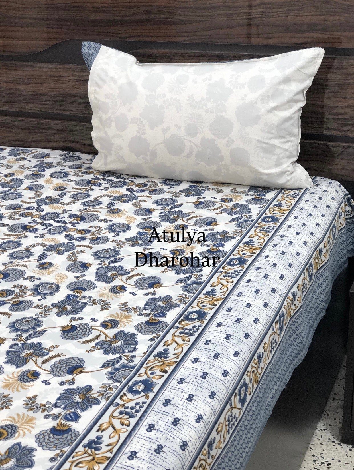 Blue and Brown Floral Jaal Cotton King Size Bedsheet