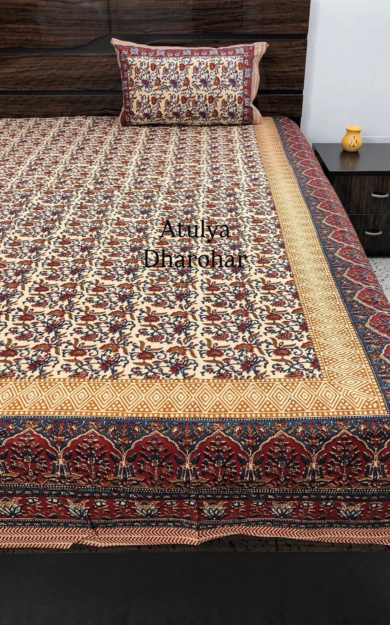 Maroon & Blue Cotton Kalamkari King Size Bedsheet