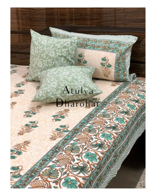 Turquoise Green Mughal Motifs Bedsheet