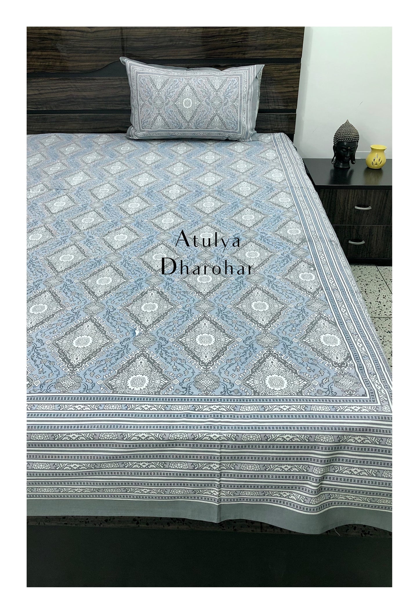 Blue and Grey Mughal Motifs Bedsheet