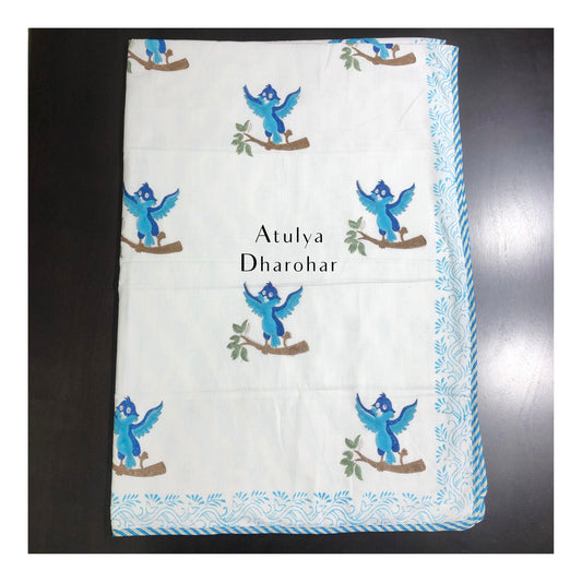 Happy Bird Hand Block Printed Baby Mulmul Dohar