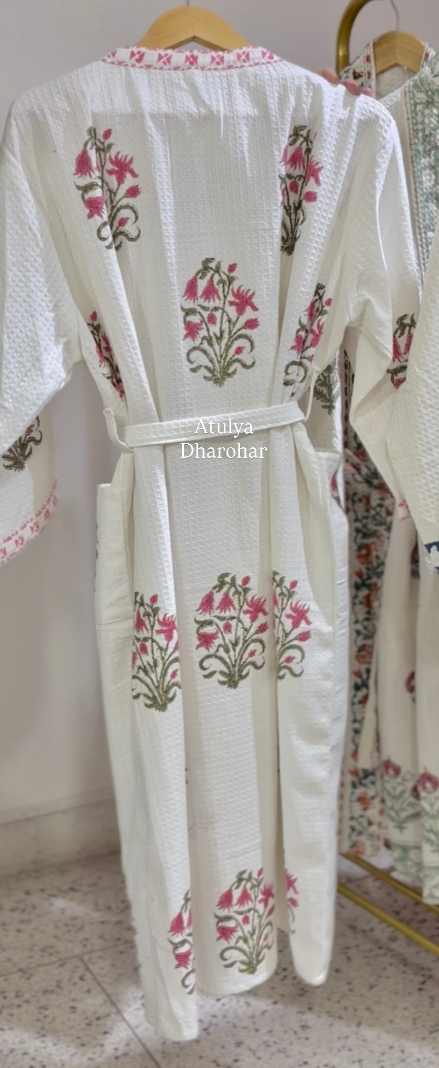 Pink Floral Hand Block Printed Waffle Cotton Bathrobe