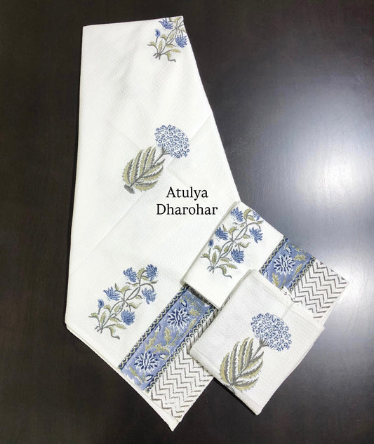 Blue and Green Floral Hand Block Waffle Cotton Towel Set
