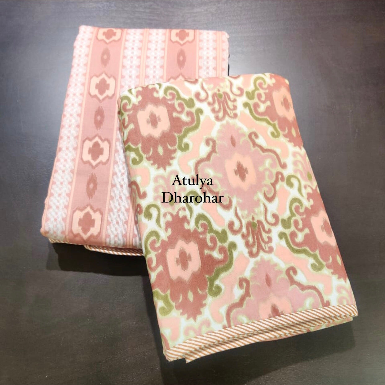 Rust and Green Ikat Mulmul Single Dohar Pair with Super King Bedsheet Set