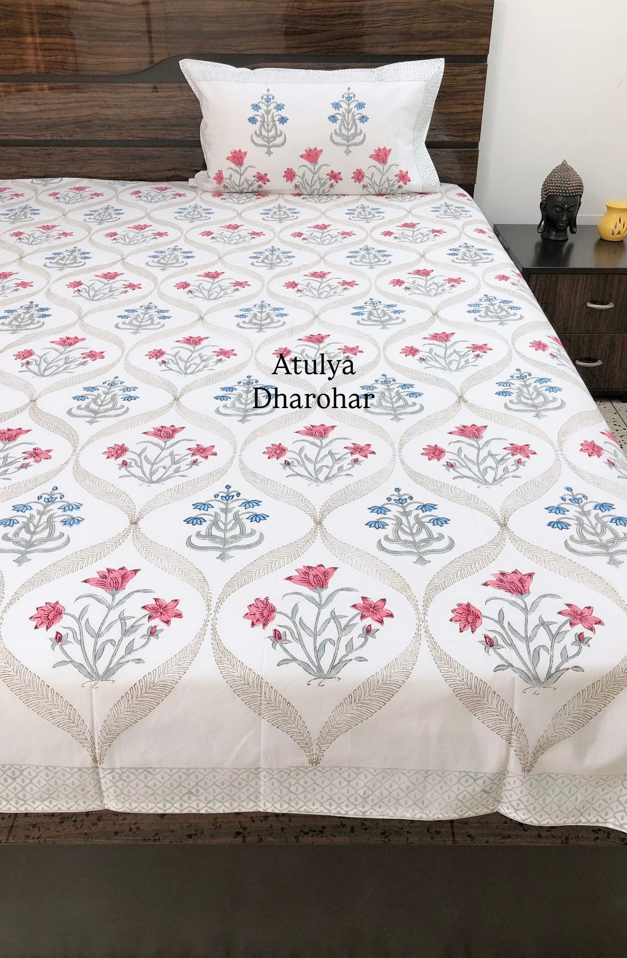 Pink and Blue Floral Mughal Jaal Percale Cotton Hand Block Super King Bedsheet