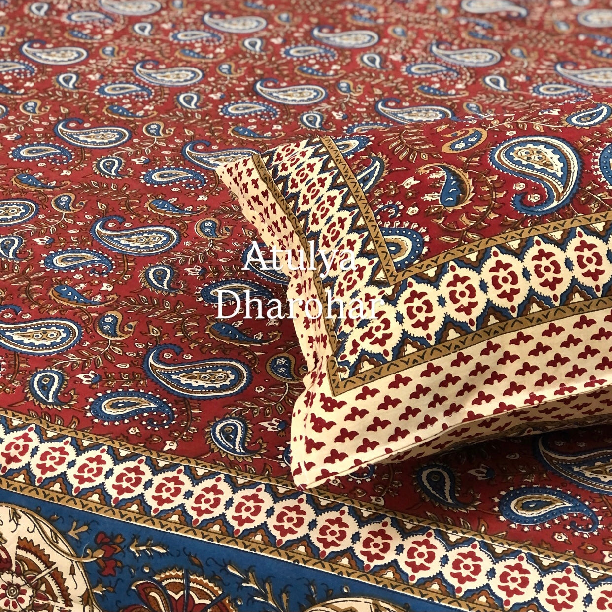 Maroon & Blue Kalamkari Cotton King Size Bedsheet