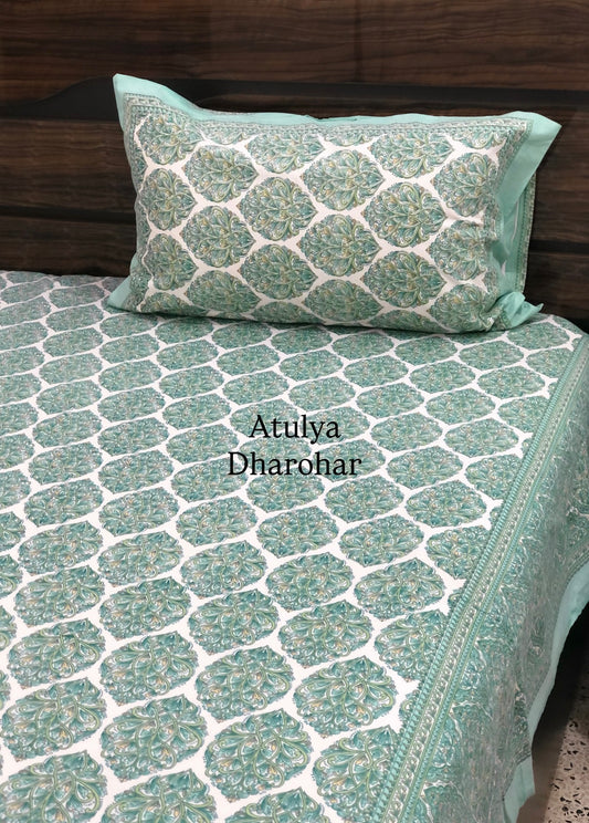 Turquoise Green Floral Motifs Cotton Super King Bedsheet