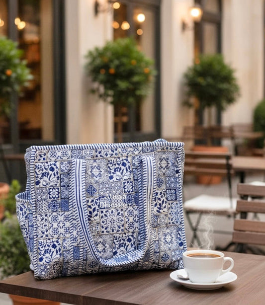 Blue Patchwork Look Medium Tote Bag with Zip
