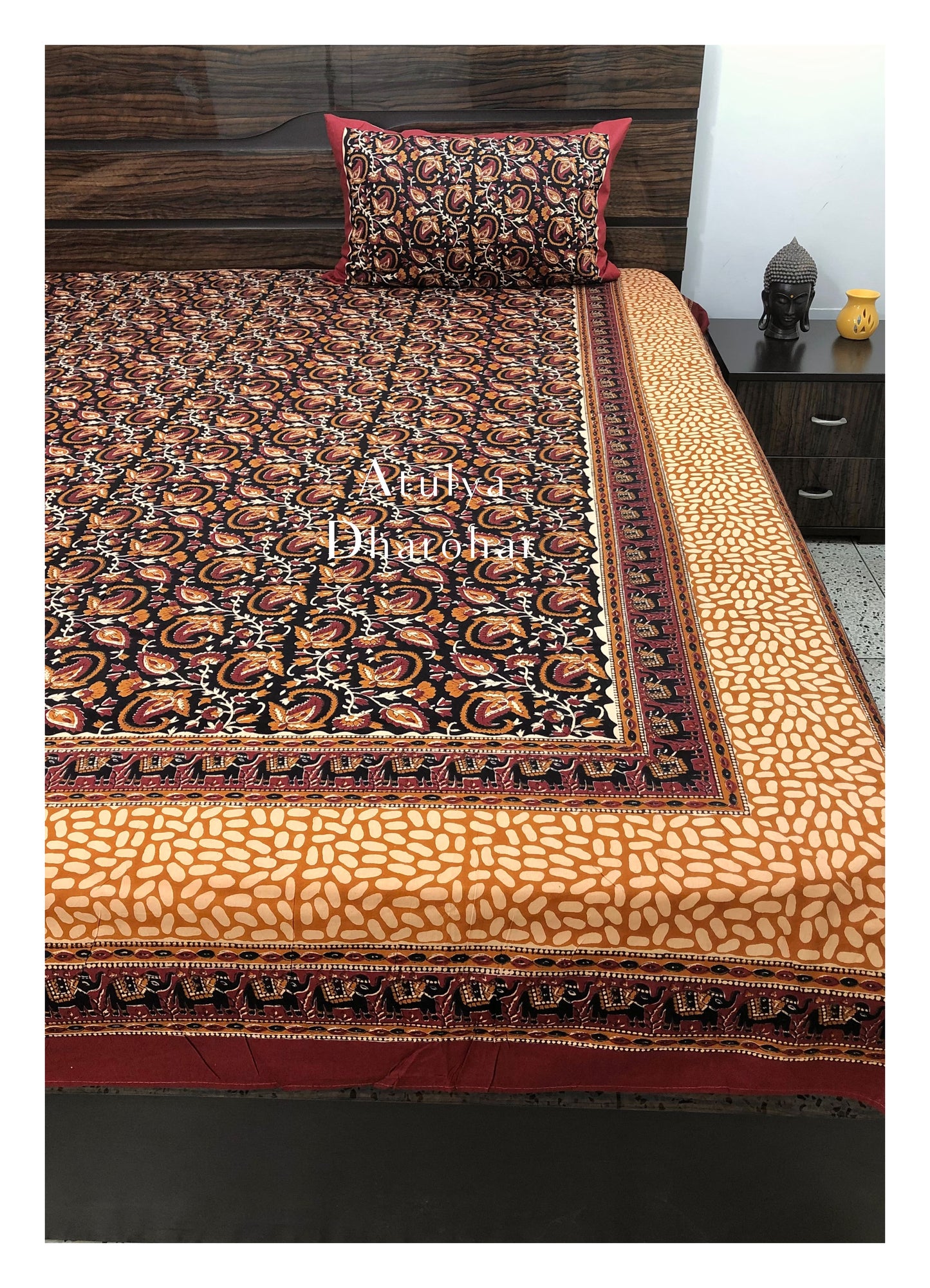 Black and Mustard Kalamkari Cotton Bedsheet
