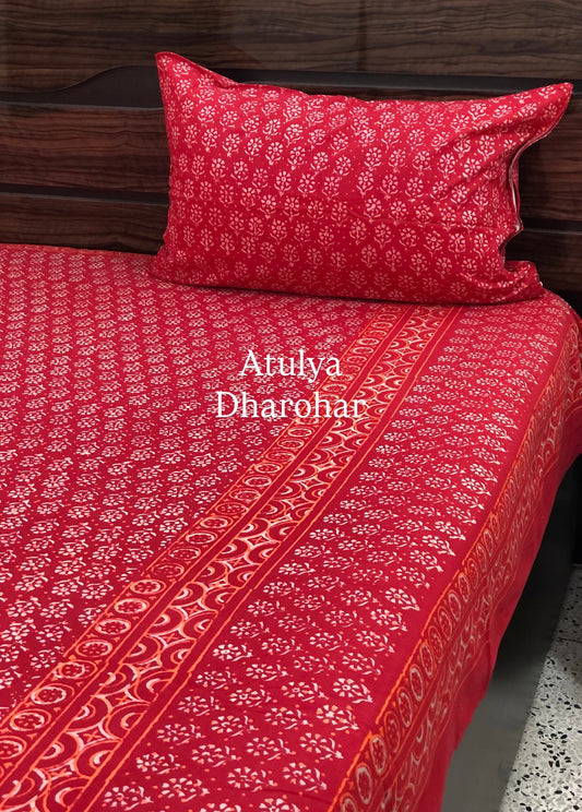 Red Butti Hand Block Printed Super King Bedsheet