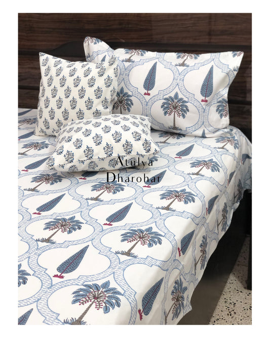 Blue Palm Tree Motifs Bedsheet