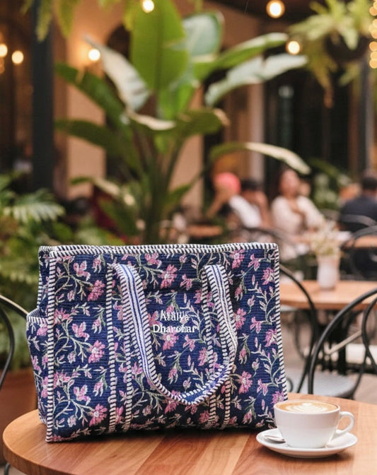 Blue and Pink Floral Medium Tote Bag with Zip