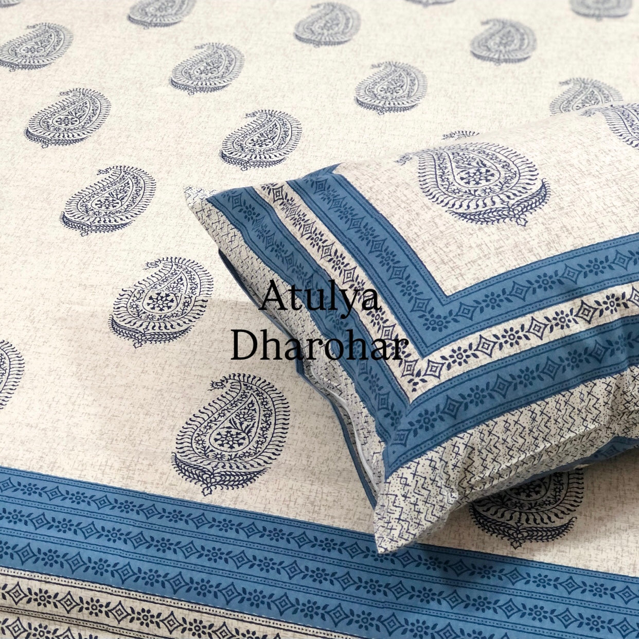 Blue Paisley Motifs Cotton King Size Bedsheet
