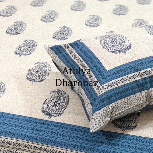 Blue Paisley Motifs Cotton King Size Bedsheet