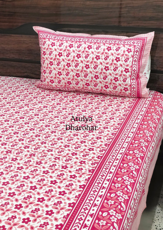 Pink Floral Jaal Cotton King Size Bedsheet