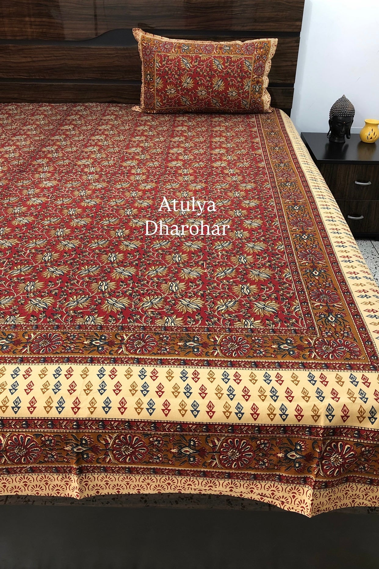 Maroon and Mustard Cotton Kalamkari Super King Bedsheet