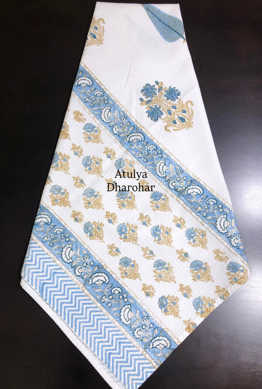 Blue and Brown Floral Motifs Hand Block Printed Waffle Cotton Towel