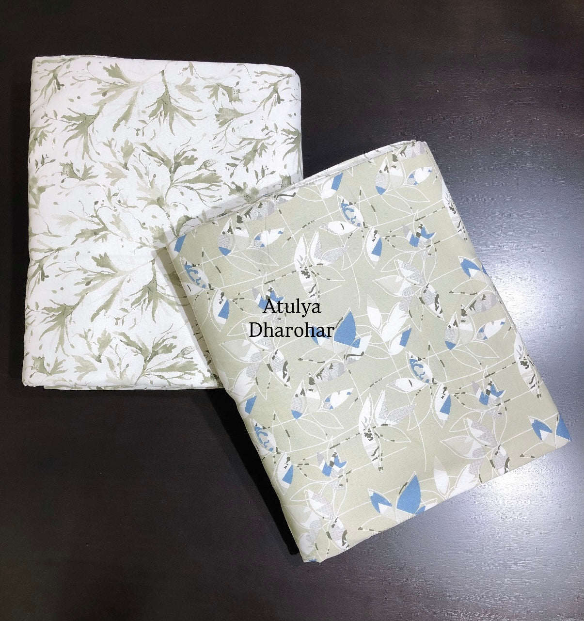 Green and Blue Leafy Cambric Cotton Single Dohar Pair