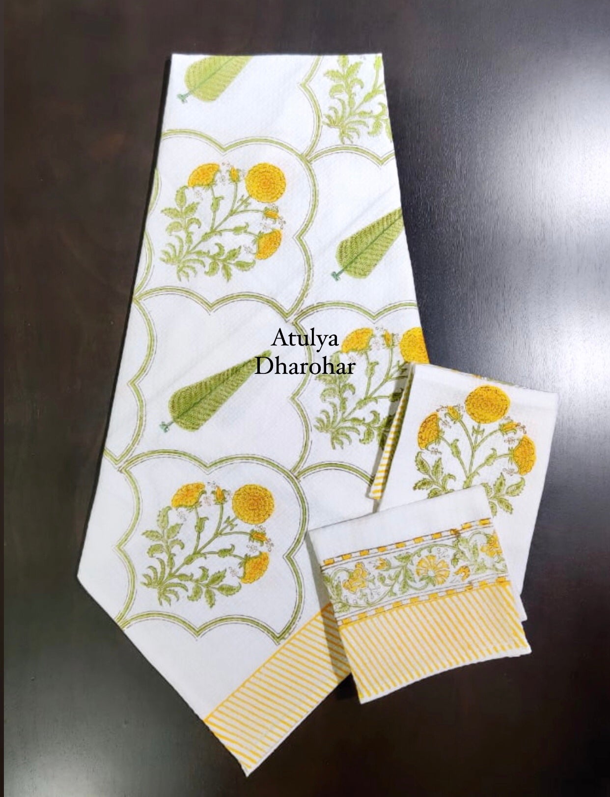 Yellow Mughal Jaal Hand Block Waffle Cotton Towel Set