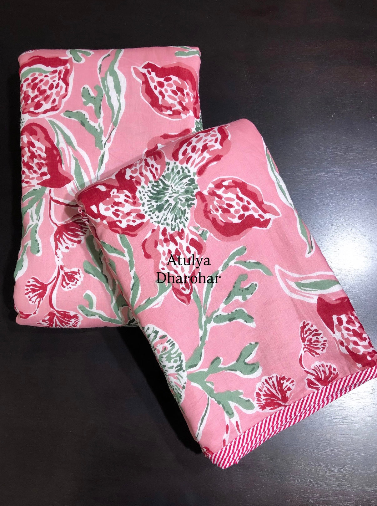 Pink and Green Floral Jaal Mulmul Single Dohar Pair