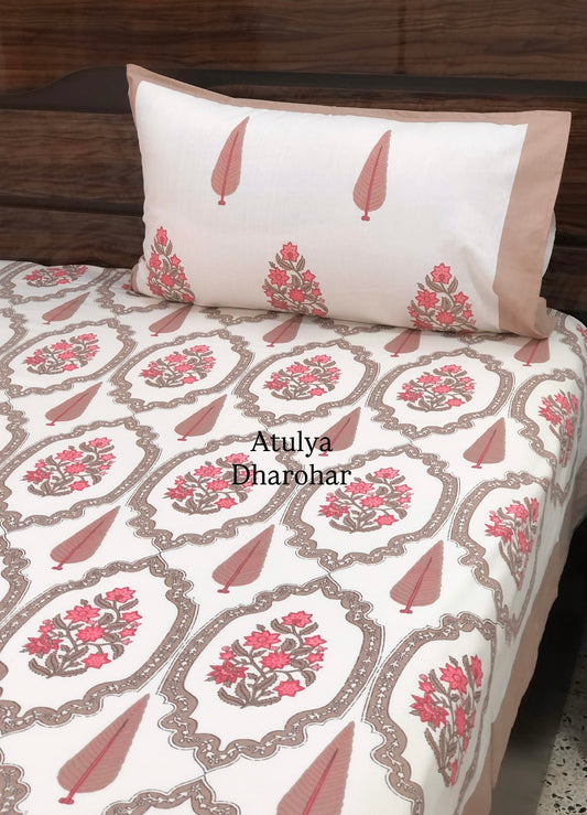 Pink and Brown Floral Mughal Jaal Super King Cotton Bedsheet