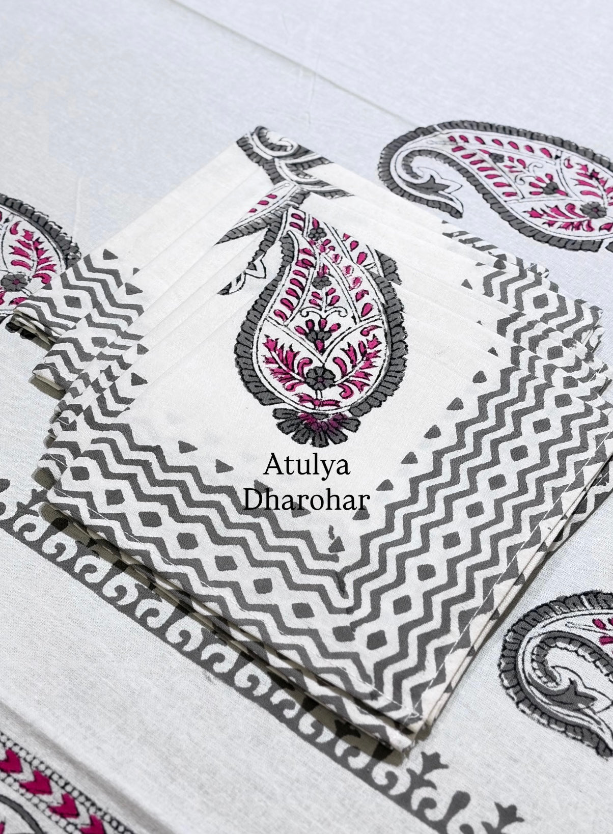 Pink and Grey Paisley Motifs Hand Block Dining Table Cover