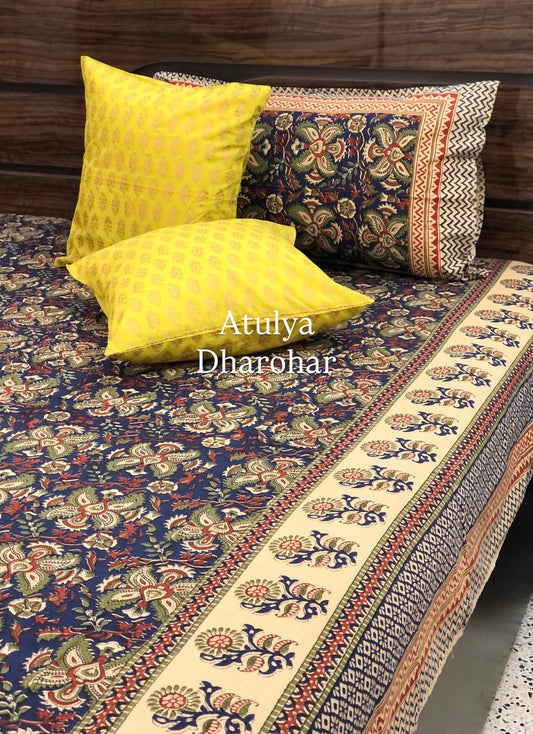 Indigo Kalamkari Cotton Super King Bedsheet