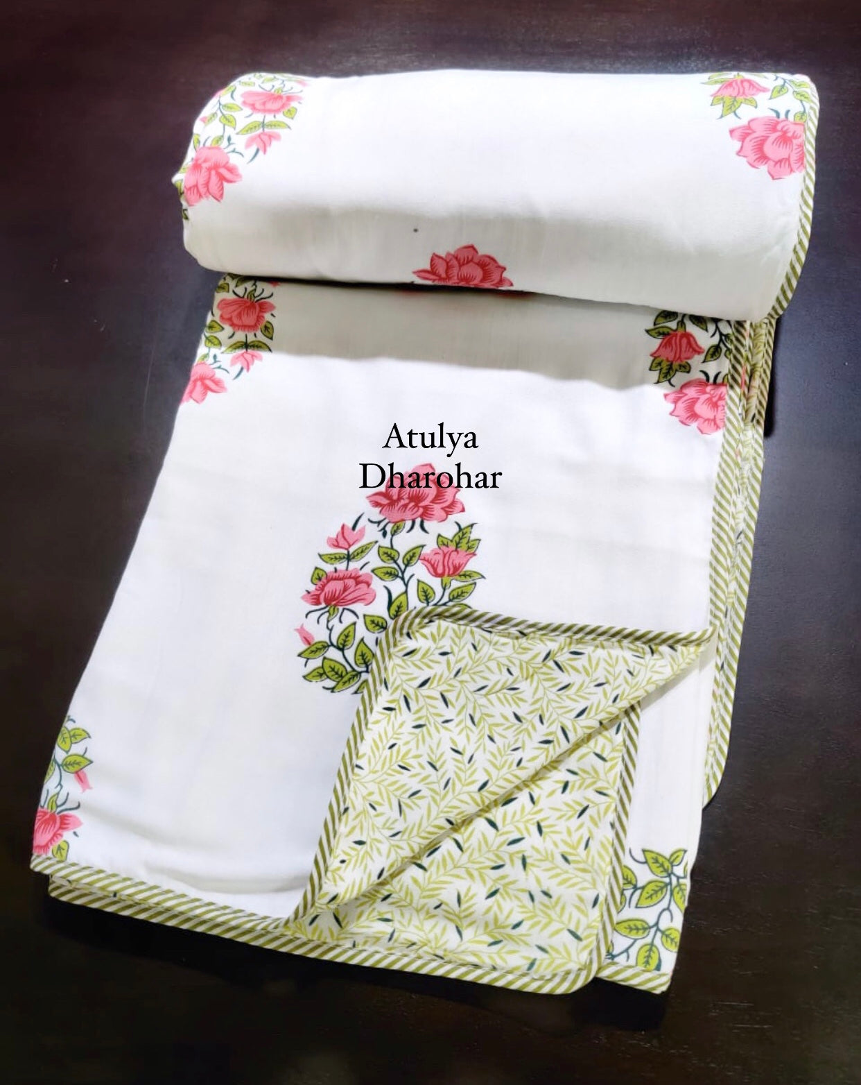 Pink and Green Floral Cotton Double Bed Dohar