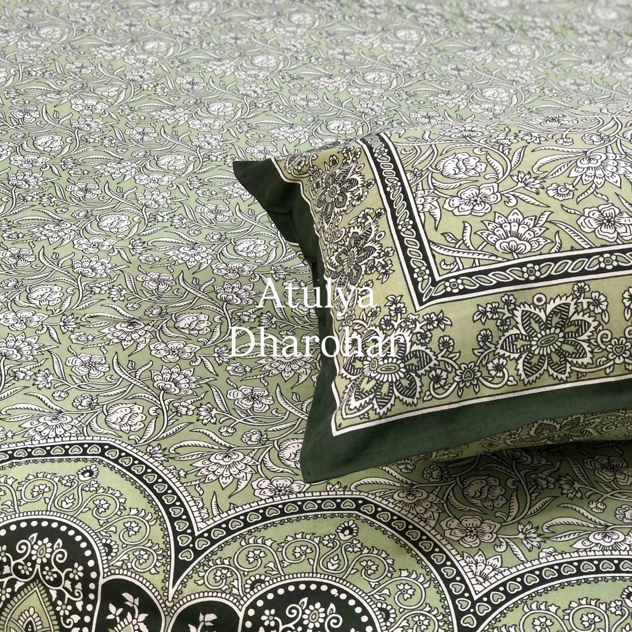 Green Floral Jaal Cotton King Size Bedsheet