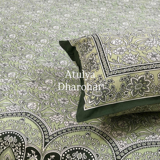 Green Floral Jaal Cotton King Size Bedsheet