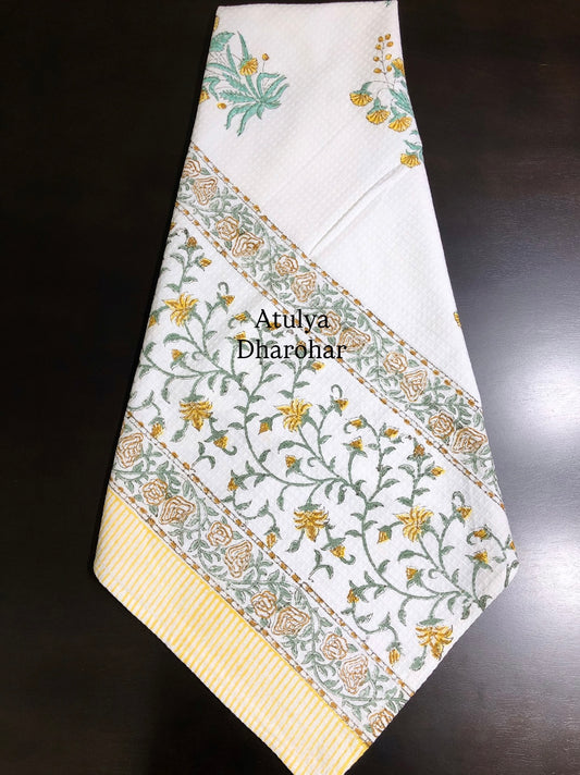 Yellow and Green Floral Motifs Hand Block Printed Waffle Cotton Towel