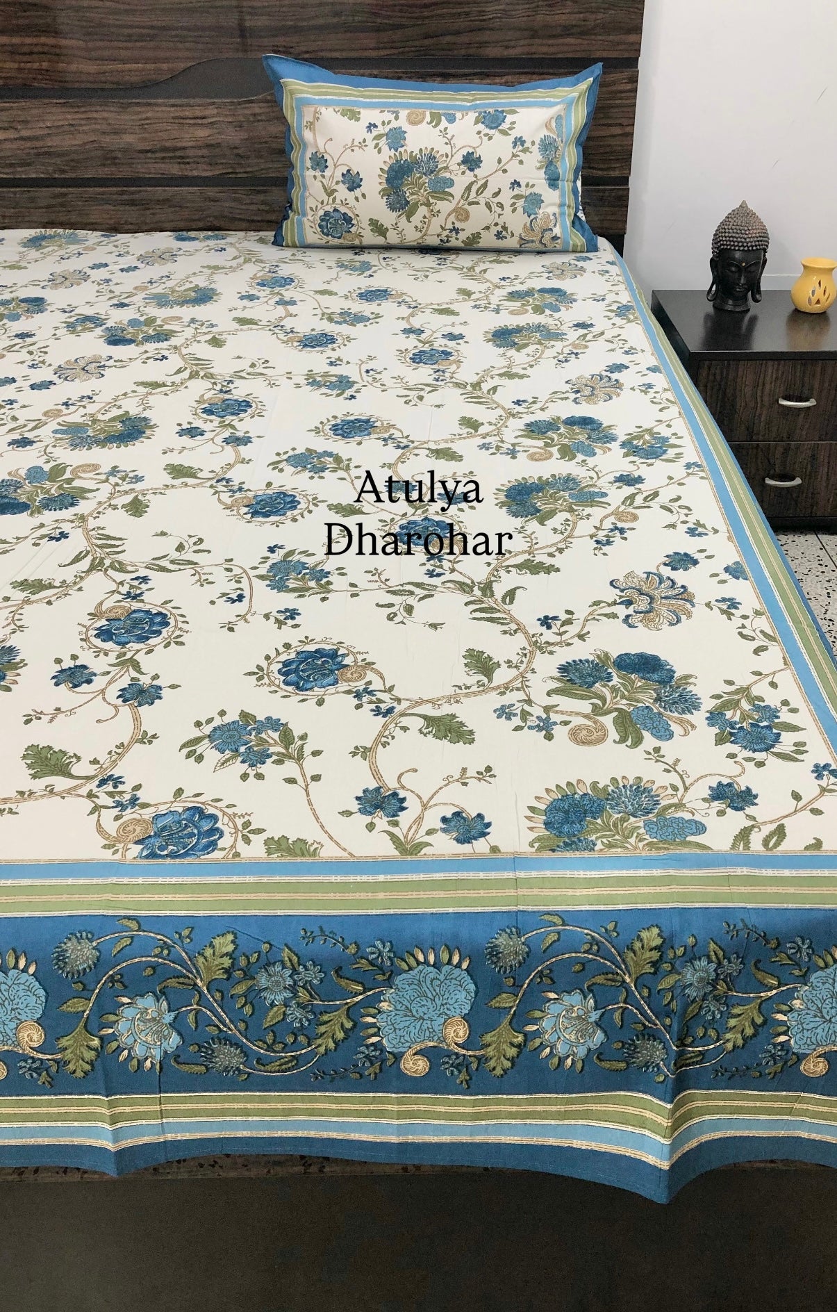 Blue and Green Floral Jaal Cotton Super King Bedsheet