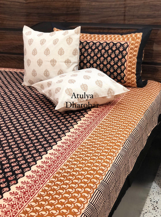 Black and Mustard Kalamkari Bedsheet