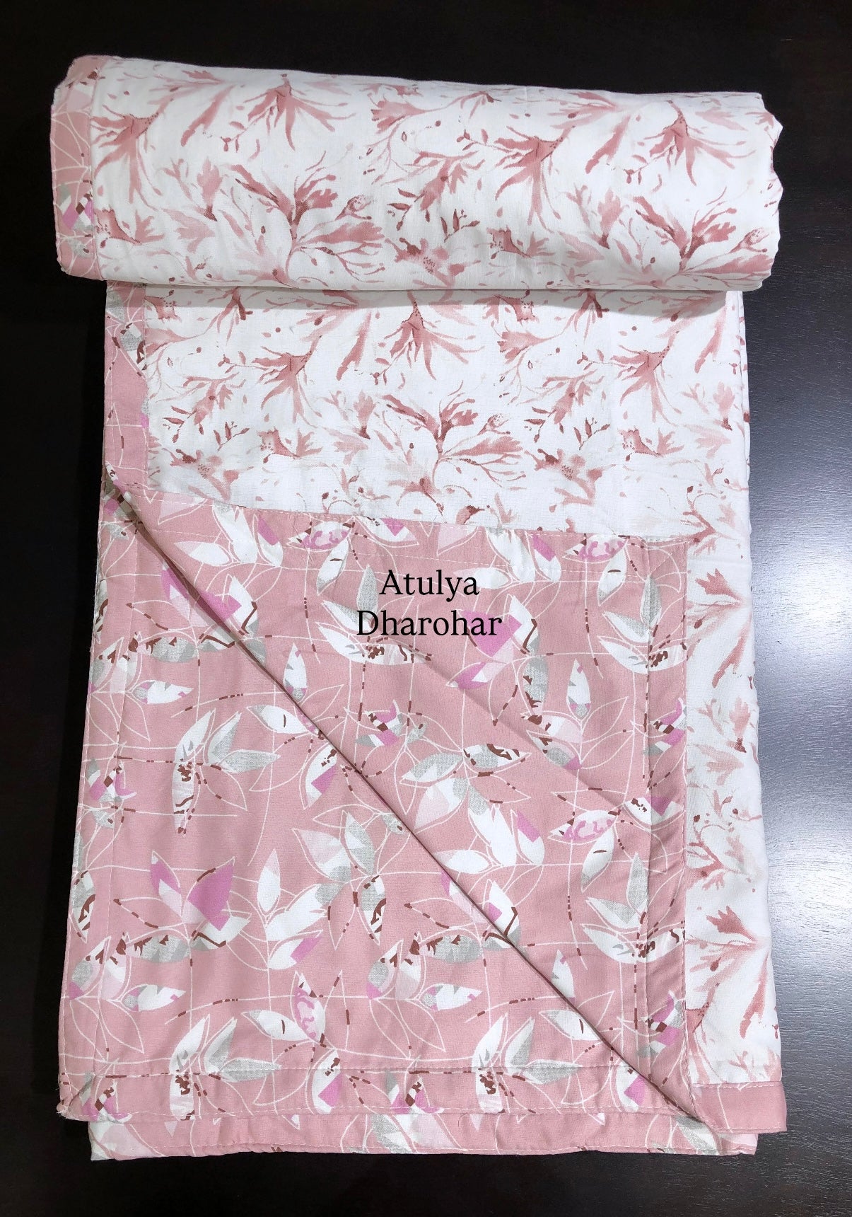 Peach Leafy Jaal Cambric Cotton Double Bed Dohar