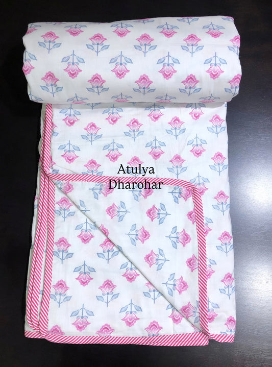 Pink Floral Motifs Mulmul Double Bed Dohar
