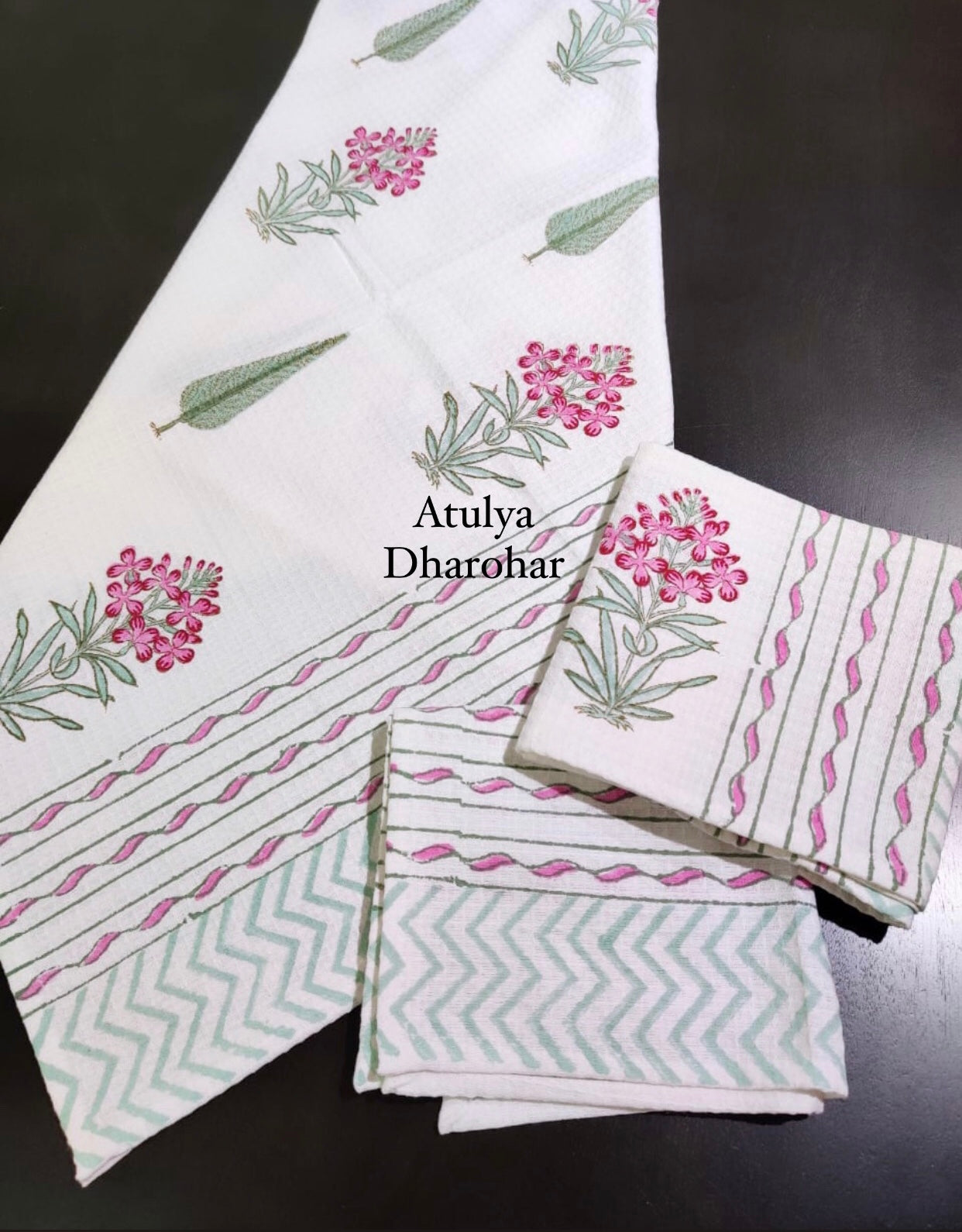 Pink and Green Floral Motifs Hand Block Waffle Cotton Towel Set