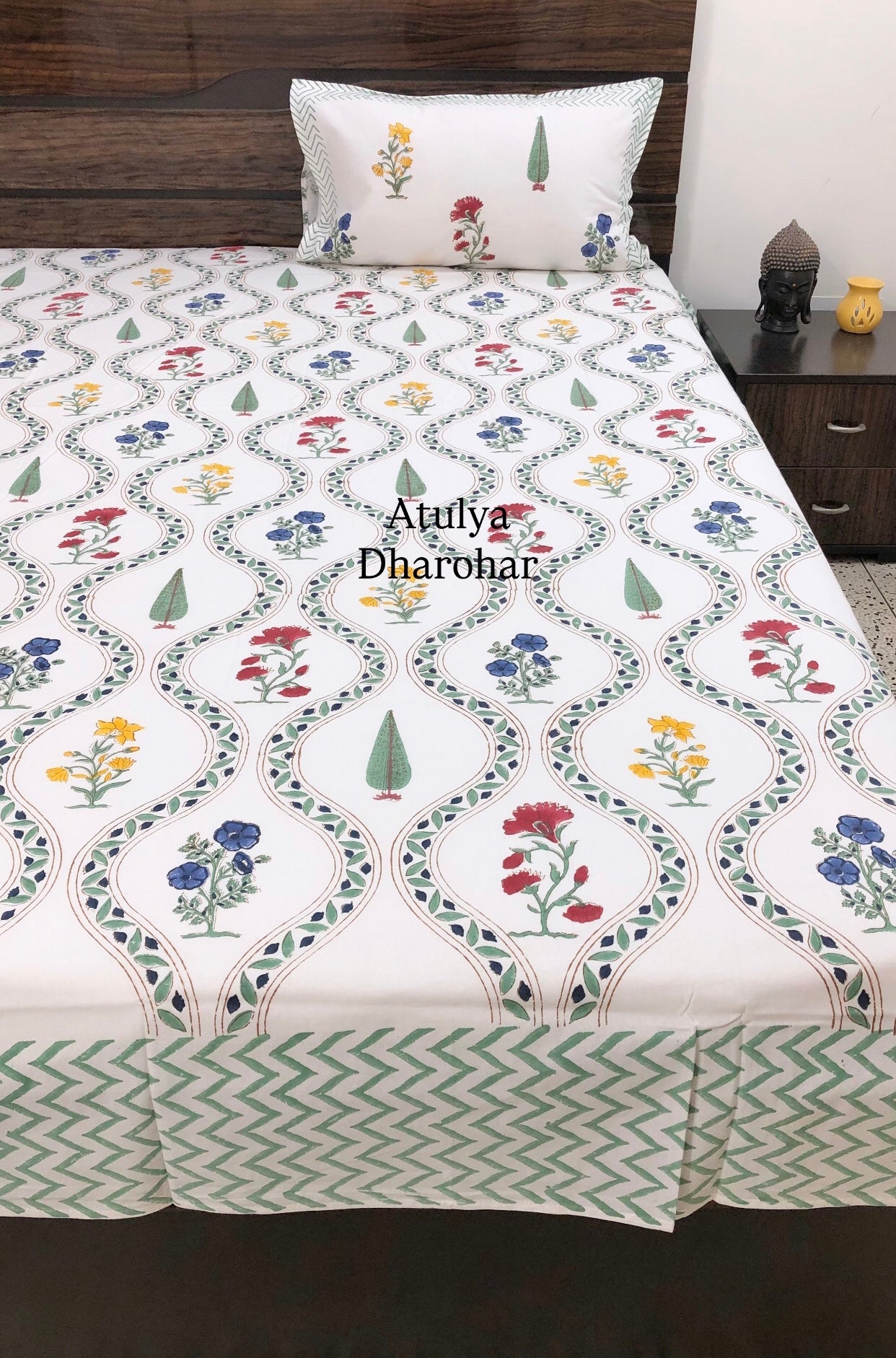 Multicolour Mughal Jaal Hand Block Printed Super King Bedsheet