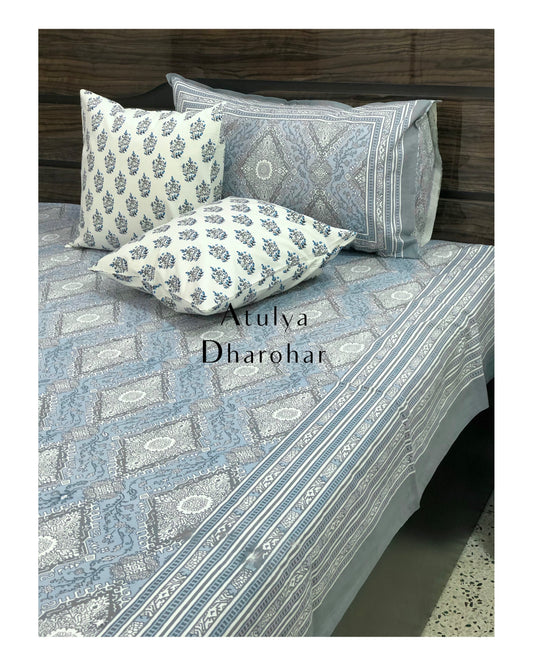 Blue and Grey Mughal Motifs Bedsheet