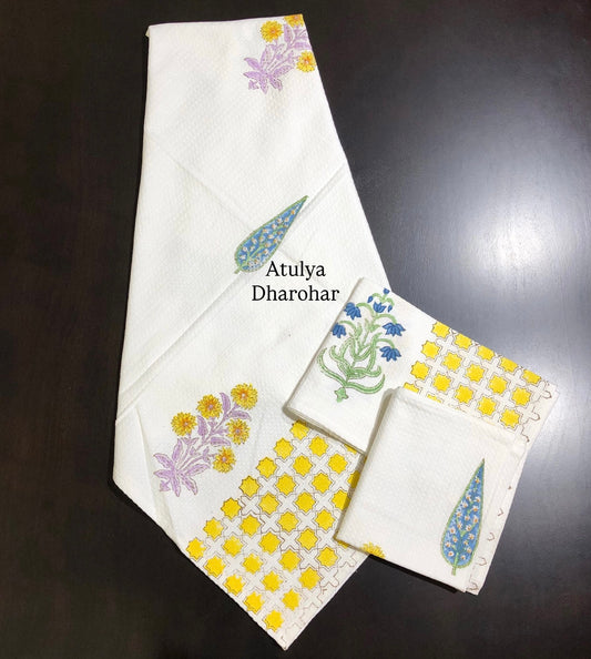 Multicolour Mughal Motifs Hand Block Waffle Cotton Towel Set