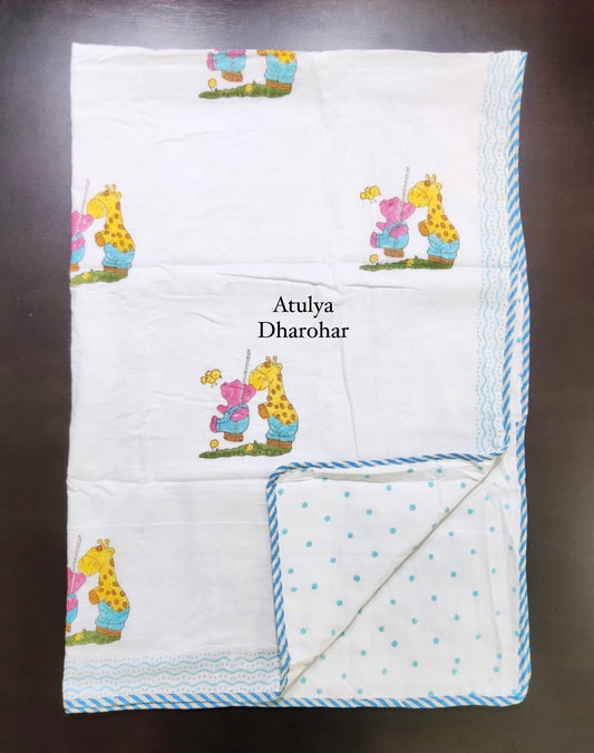 Giraffe and Bear Playing Hand Block Printed Mulmul Baby Dohar
