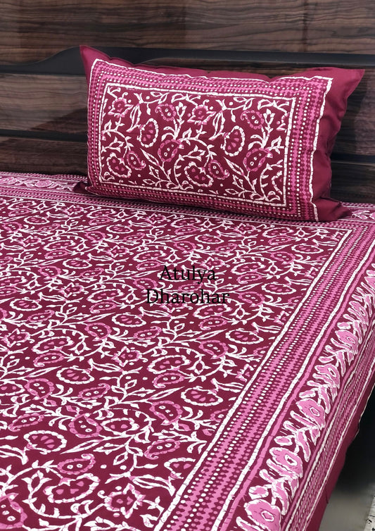 Magenta Pink Floral Jaal Cotton Single Bed Bedsheet