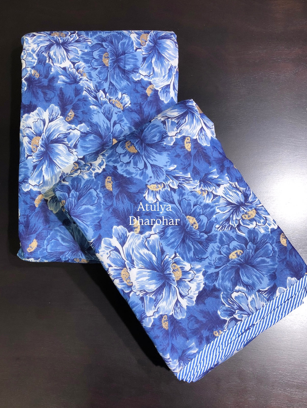 Blue and Golden Floral Mulmul Single Bed Dohar Pair