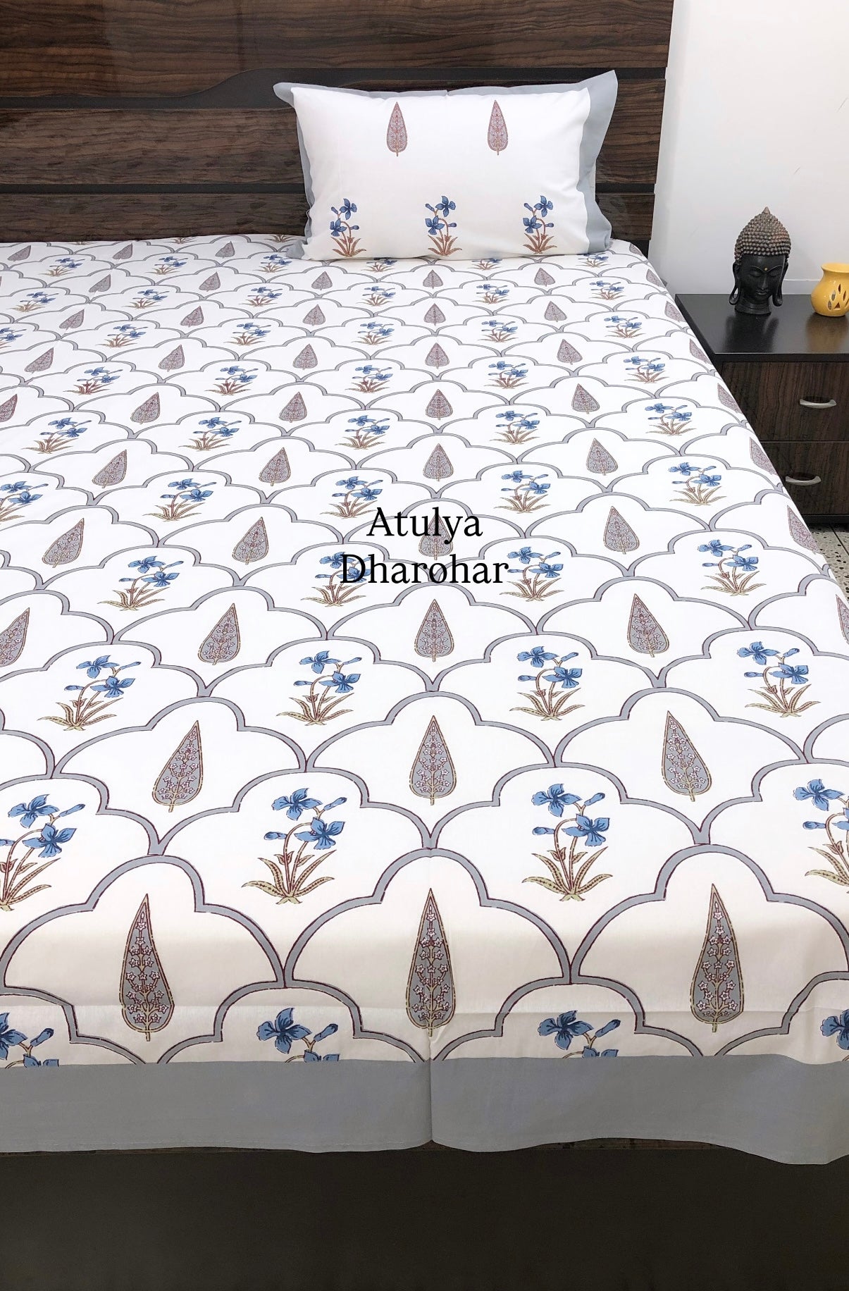 Blue and Grey Floral Mughal Jaal Cotton Super King Bedsheet