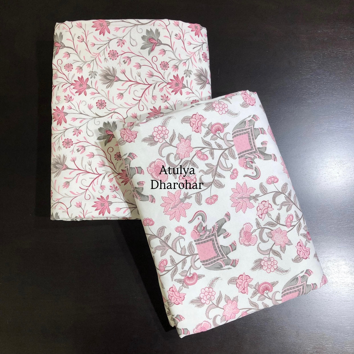 Pink and Grey Elephant Floral Jaal Cambric Cotton Single Dohar Pair